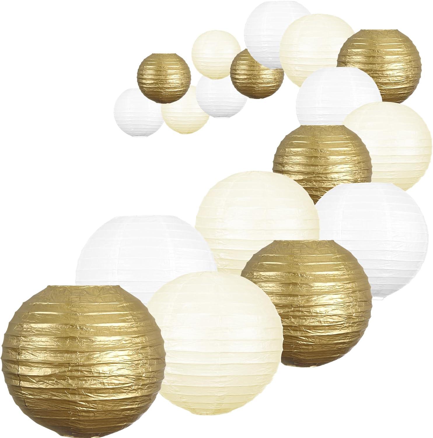 Assorted Metallic Gold and White Paper Lantern Set, 18 Pieces