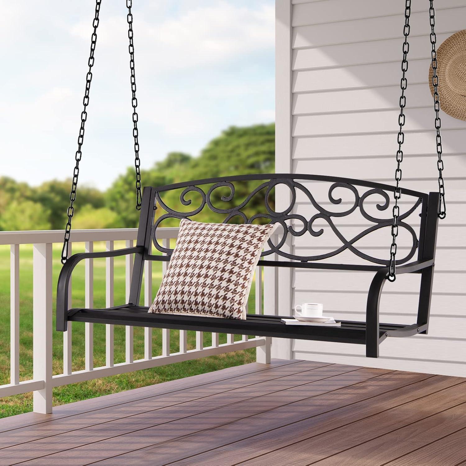 Resenkos Porch Swing, 2-Person Outdoor Porch Metal Hanging Swing Chair with Sturdy Chains-Brown, Hanging Outdoor Porch Swings for Garden, Backyard