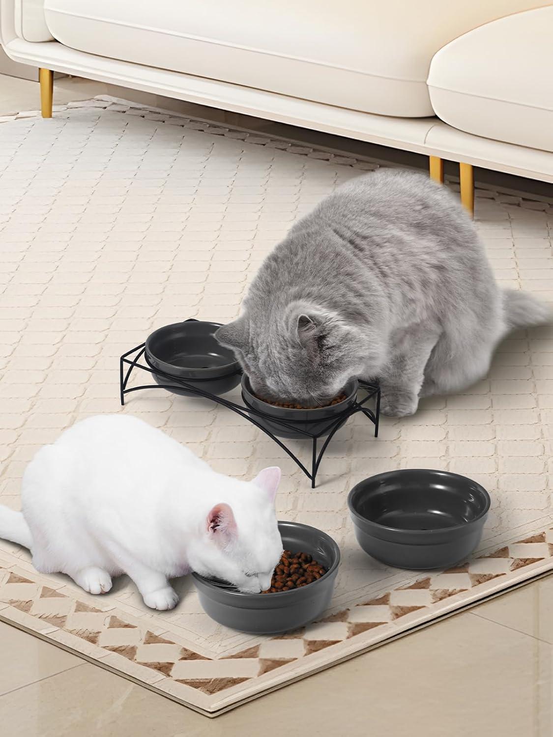 Y YHY Dog&Cat Food Bowls,12OZ Ceramic Raised Pet Bowls for Food and Water, Two Elevated Pet Dishes Bowls 2.75” Height Sturdy Metal Stand, Grey