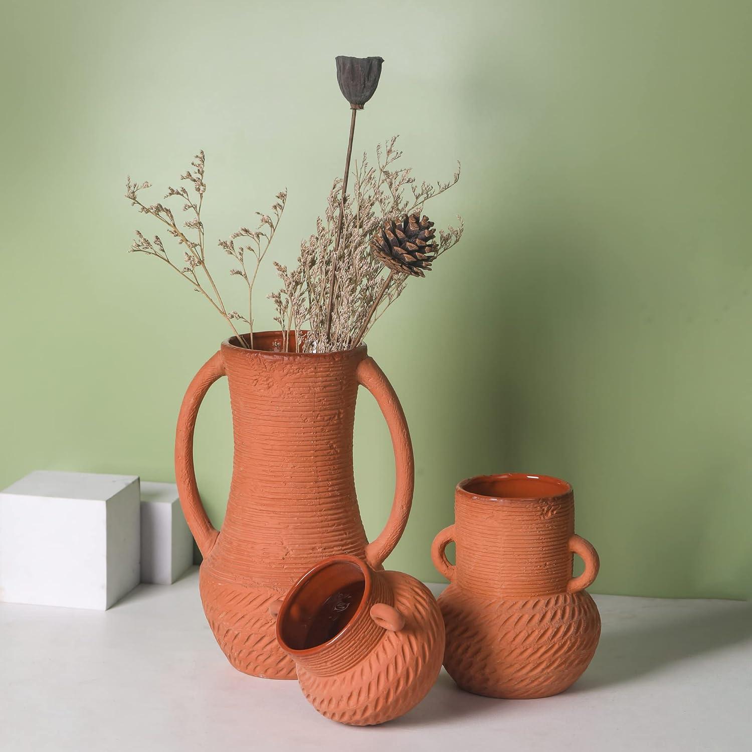 Terracotta Ceramic Vase Set with Handles for Flower Arrangements