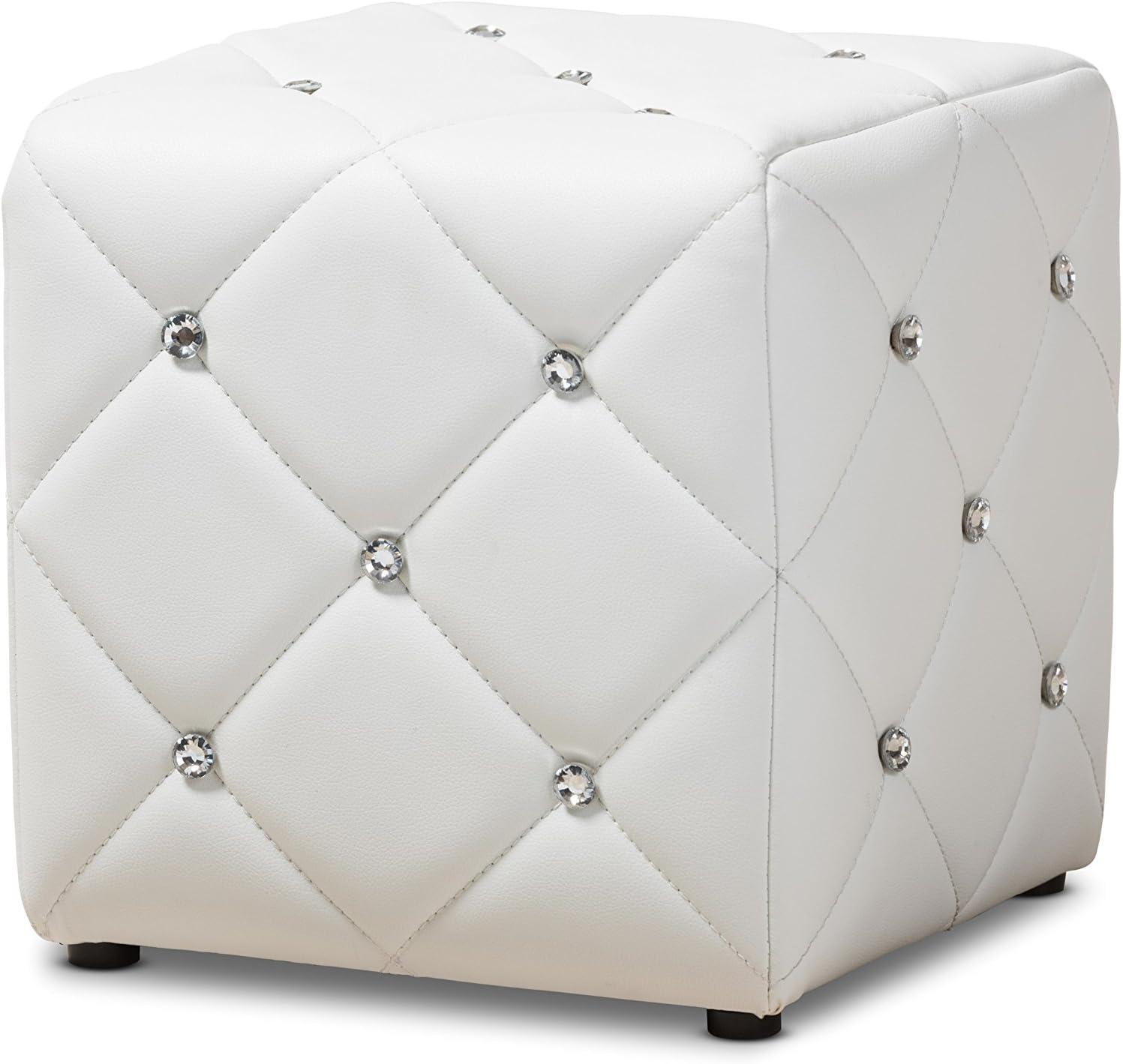 White Faux Leather Tufted Square Ottoman with Crystal Accents