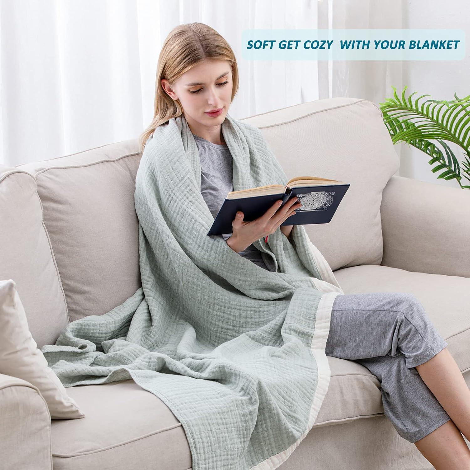 Sage Green Cotton Muslin 4-Layer Throw Blanket