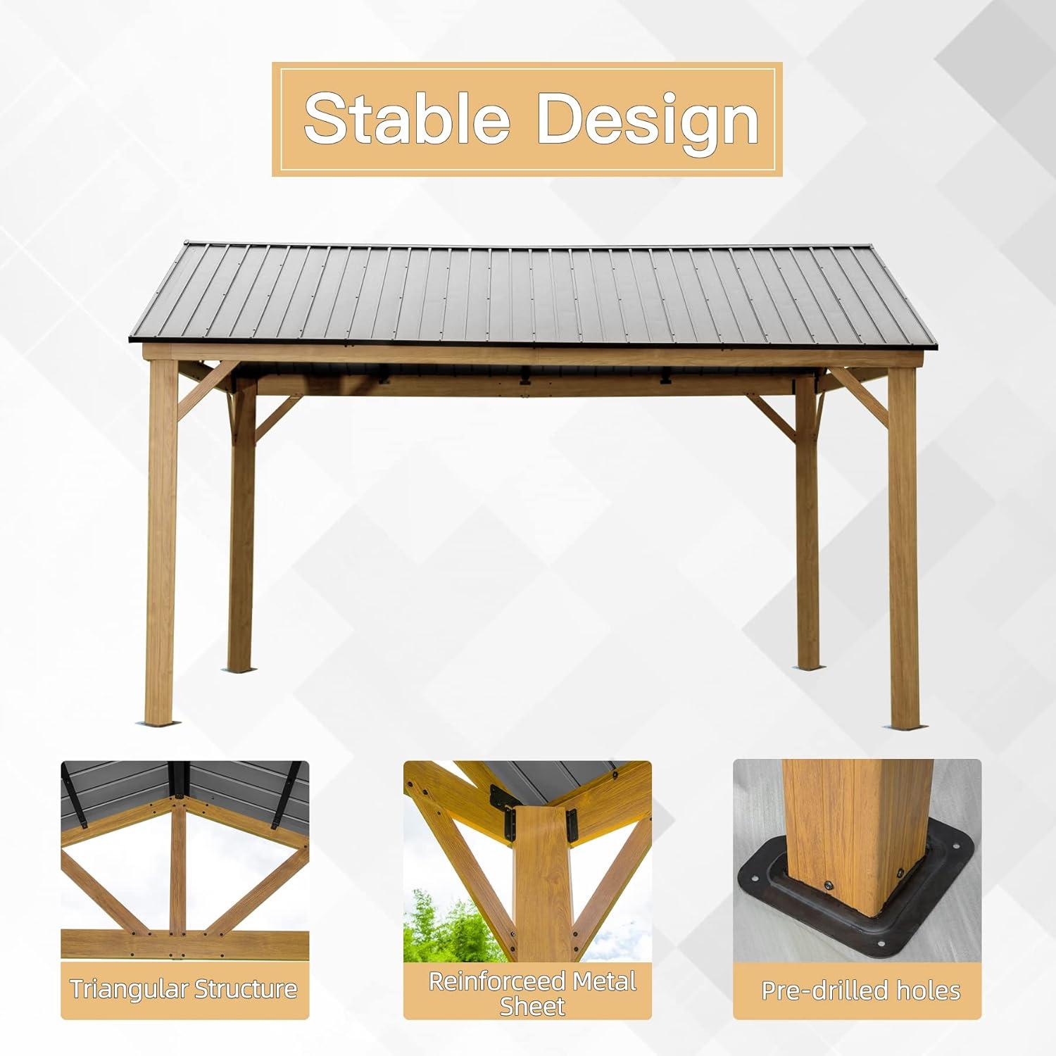 12' x 14' Hardtop Gazebo Outdoor Aluminum Gazebo with Galvanized Steel Gable Canopy for Patio Decks Backyard by domi outdoor living (Wood Looking)…