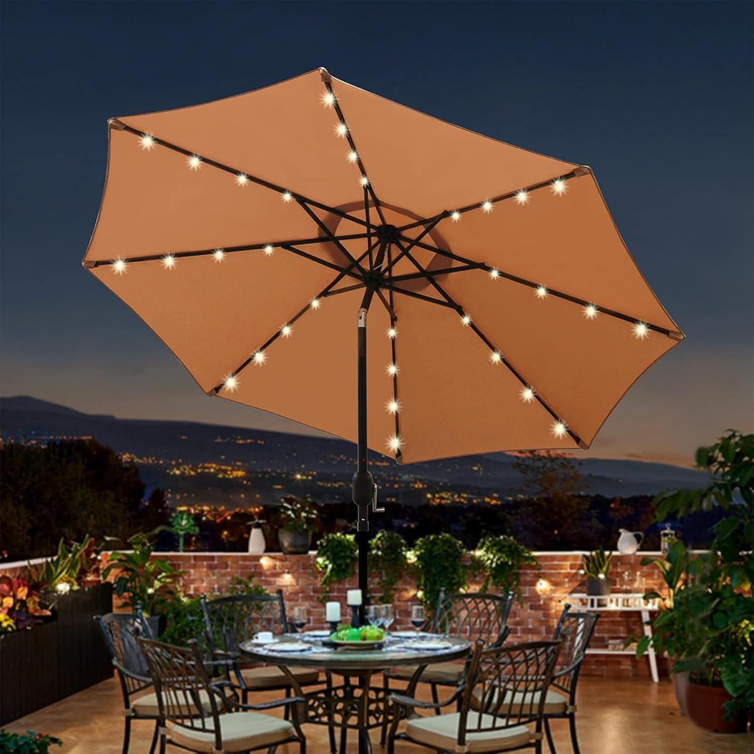 Tan 9 ft Round LED Lighted Market Umbrella with Black Aluminum Pole