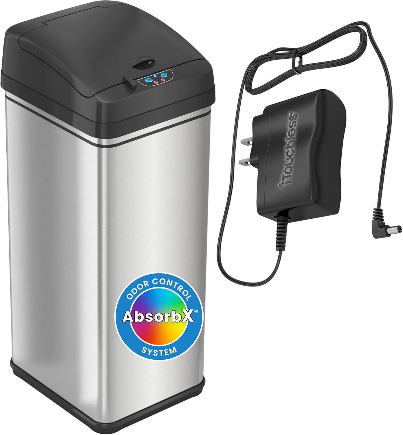 iTouchless Sensor Kitchen Trash Can with AC Adapter and AbsorbX Odor Filter 13 Gallon Silver Stainless Steel