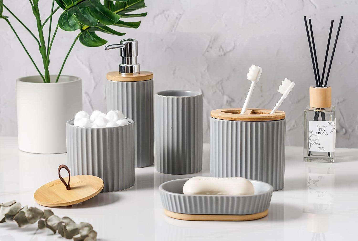 Gray Ceramic and Bamboo 5-Piece Bathroom Accessory Set