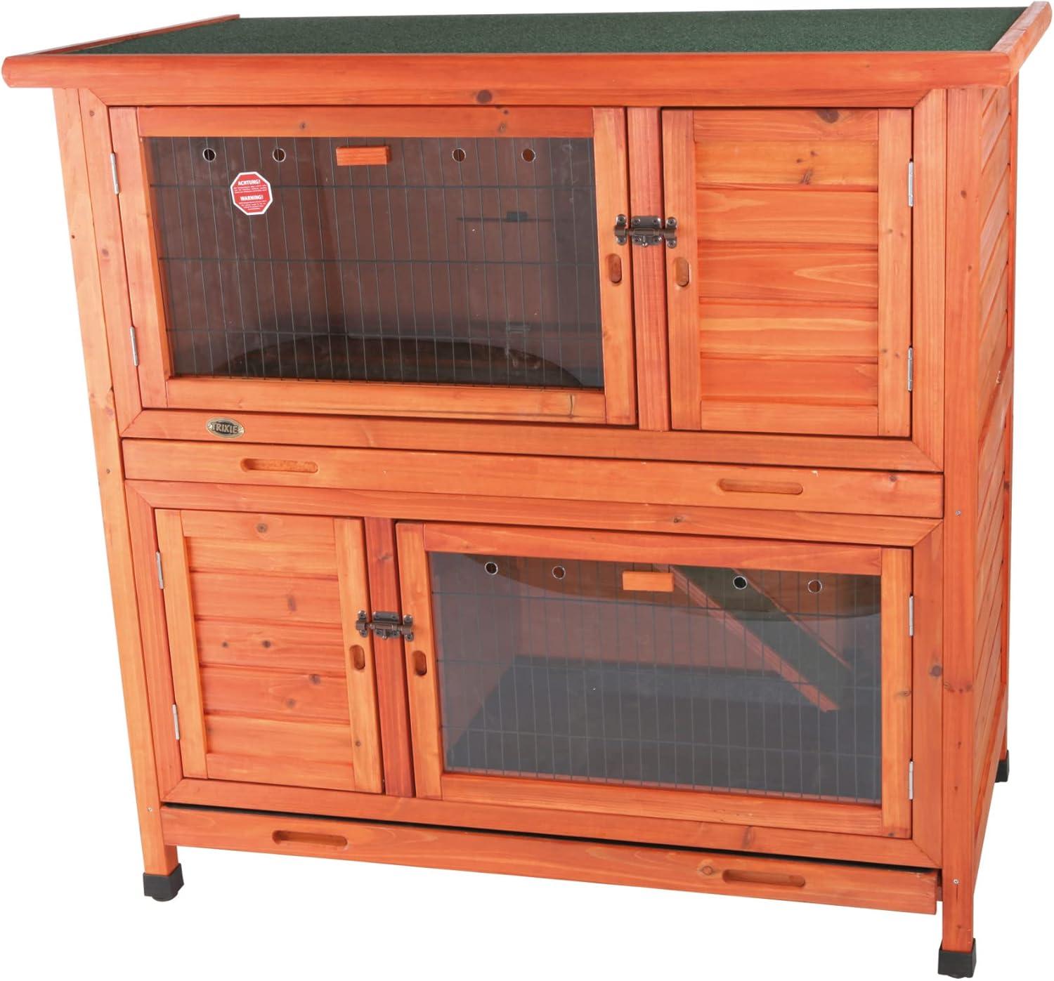 TRIXIE Insulated Outdoor 2-Story Wooden Small Animal Hutch with Windows, Trays, Ramp