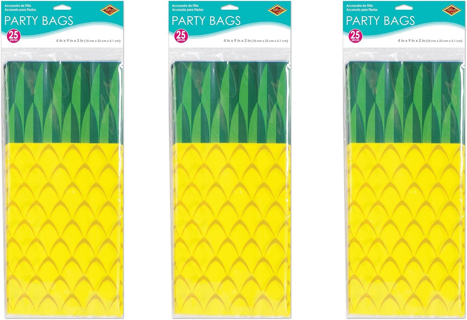 Beistle 75 Piece Tropical Treat Favor Bags, 4" x 9" x 2" - Summer Luau Party Pineapple Cello Candy Holders With Twist Ties