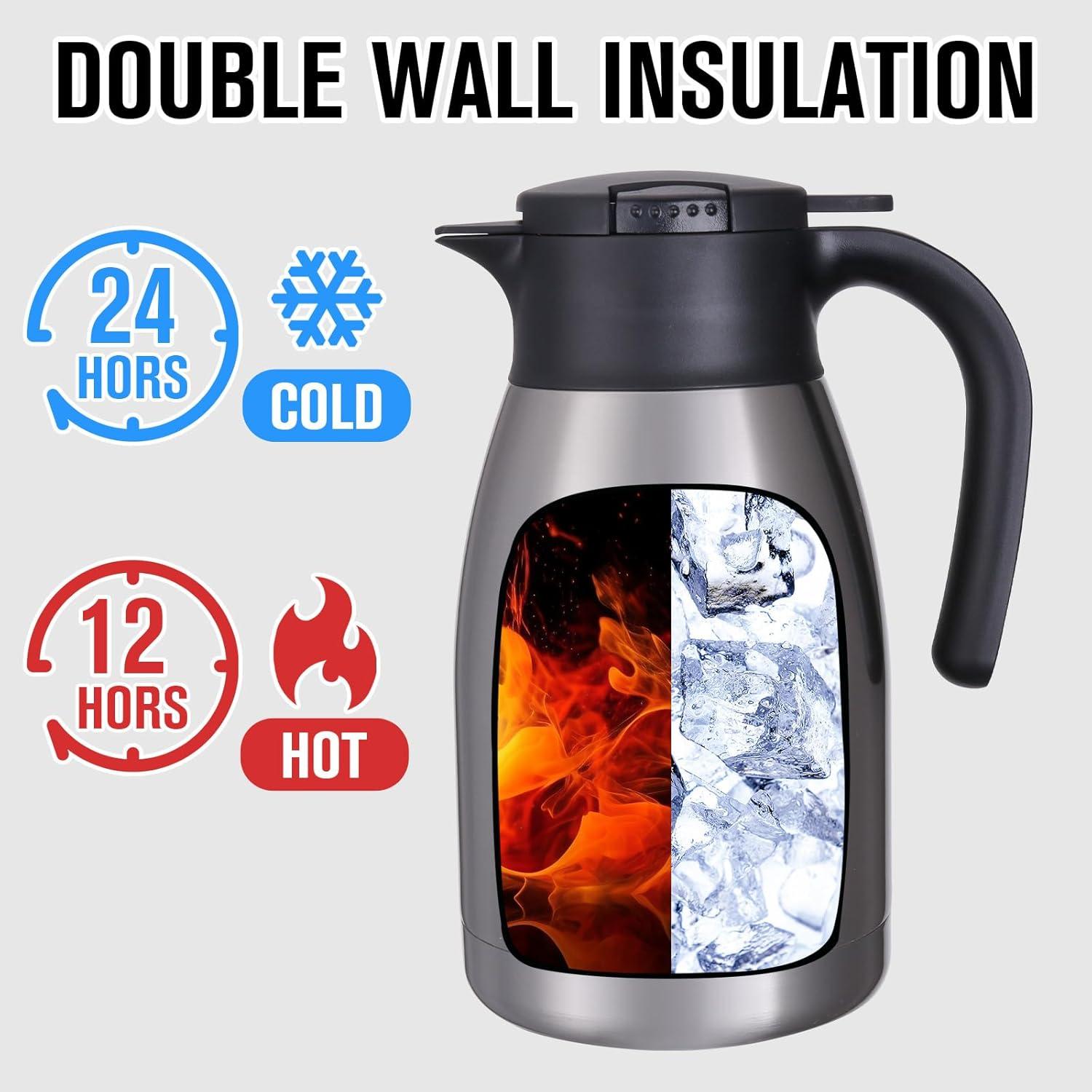 GiNT 51Oz Stainless Steel Thermal Coffee Carafe with Lid/Double Walled Vacuum Thermal Carafe / 12 Hour Heat Retention (Silver, 1.5L)