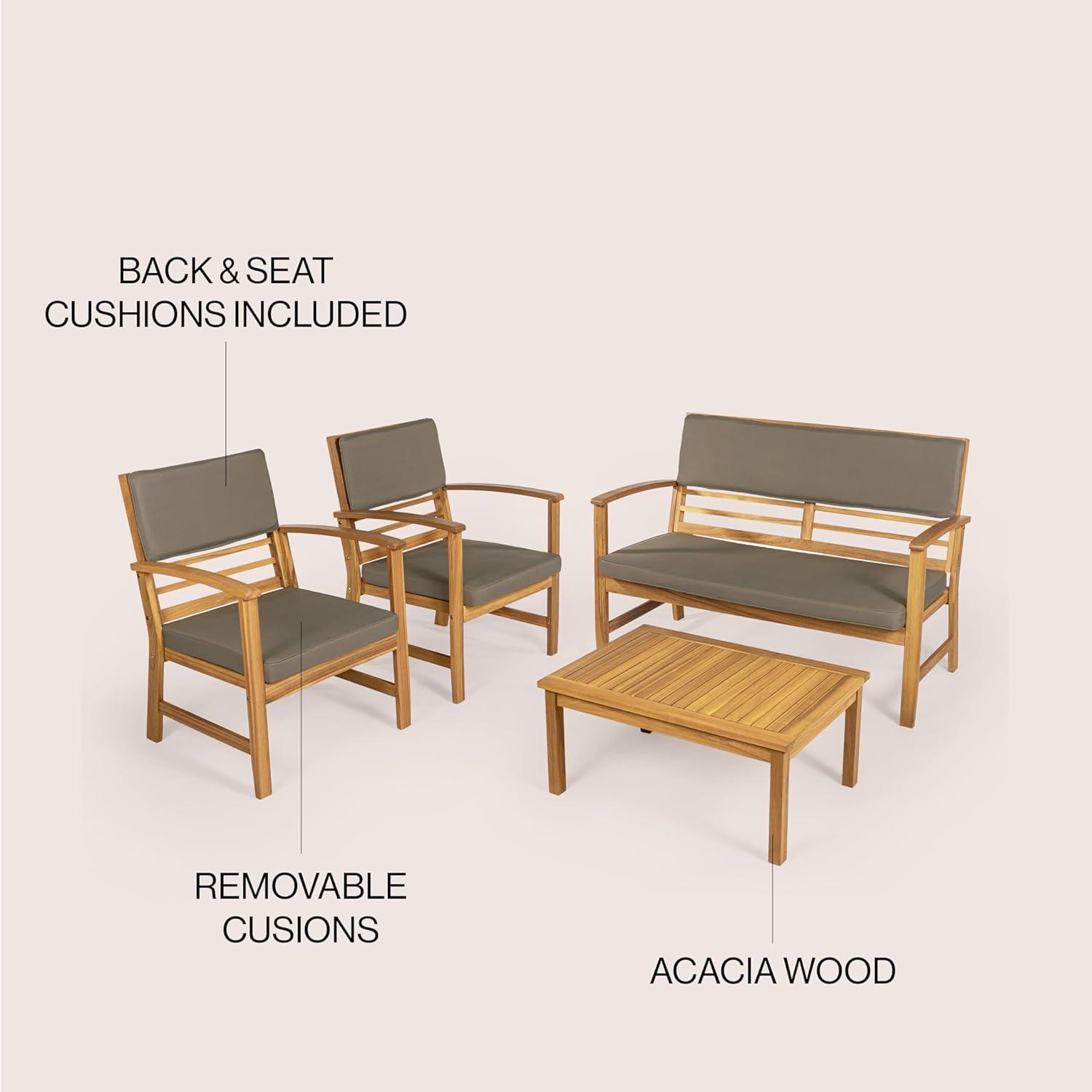 Dark Gray and Teak Brown Acacia Wood 4-Piece Patio Set