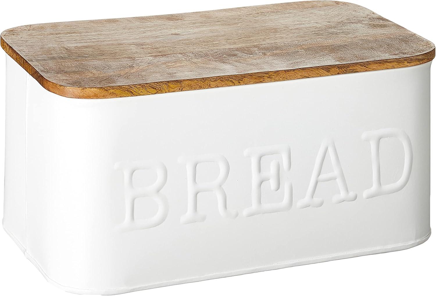 White Enamel Rectangular Bread Box with Mango Wood Lid