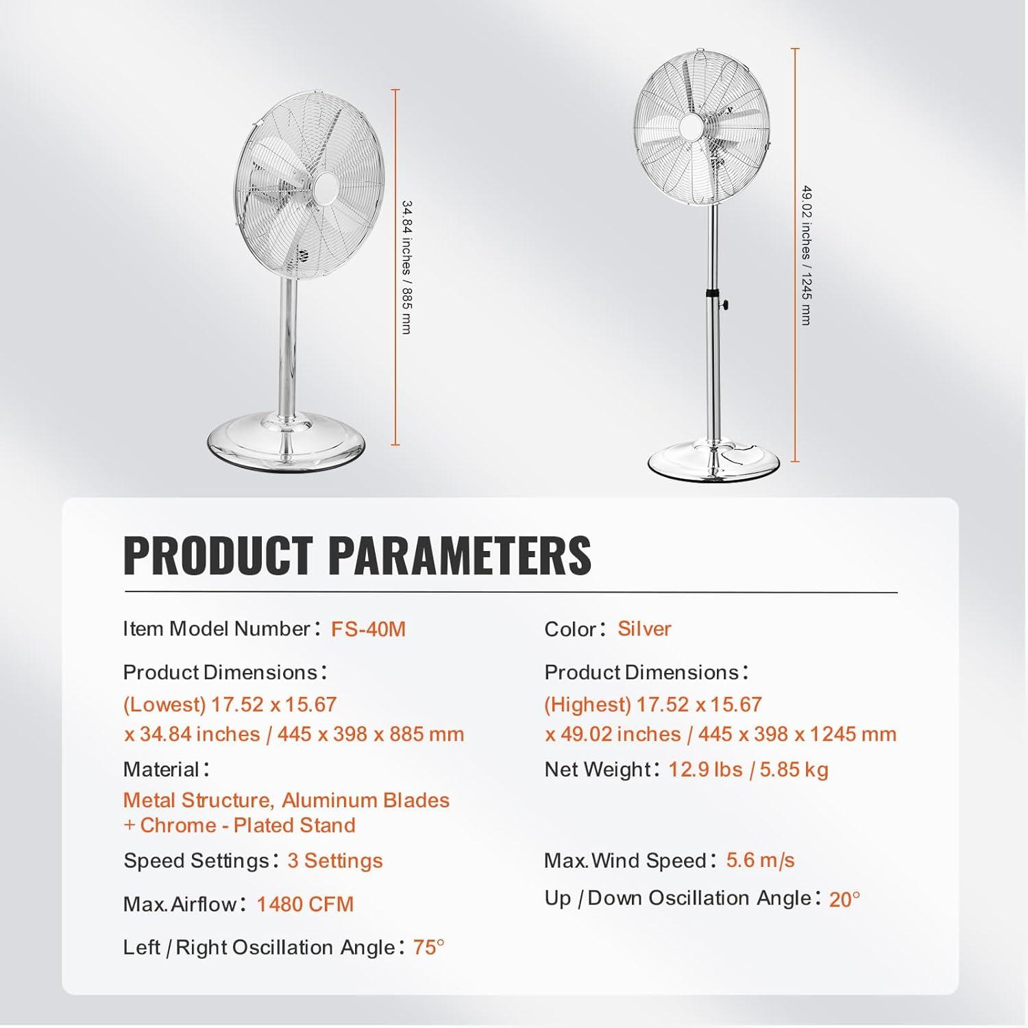 Vevor GYLSFS16INCH0LFIYV1 16 in. 3-Speed Industrial Pedestal Fan Oscillating Height Adjustable - Silver