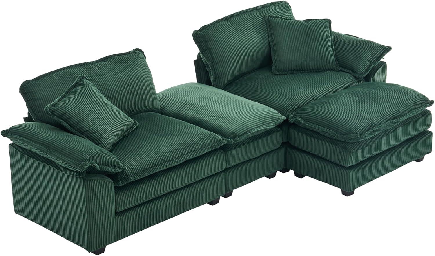 Green Corduroy Loveseat Sofa with Ottomans and Pillows