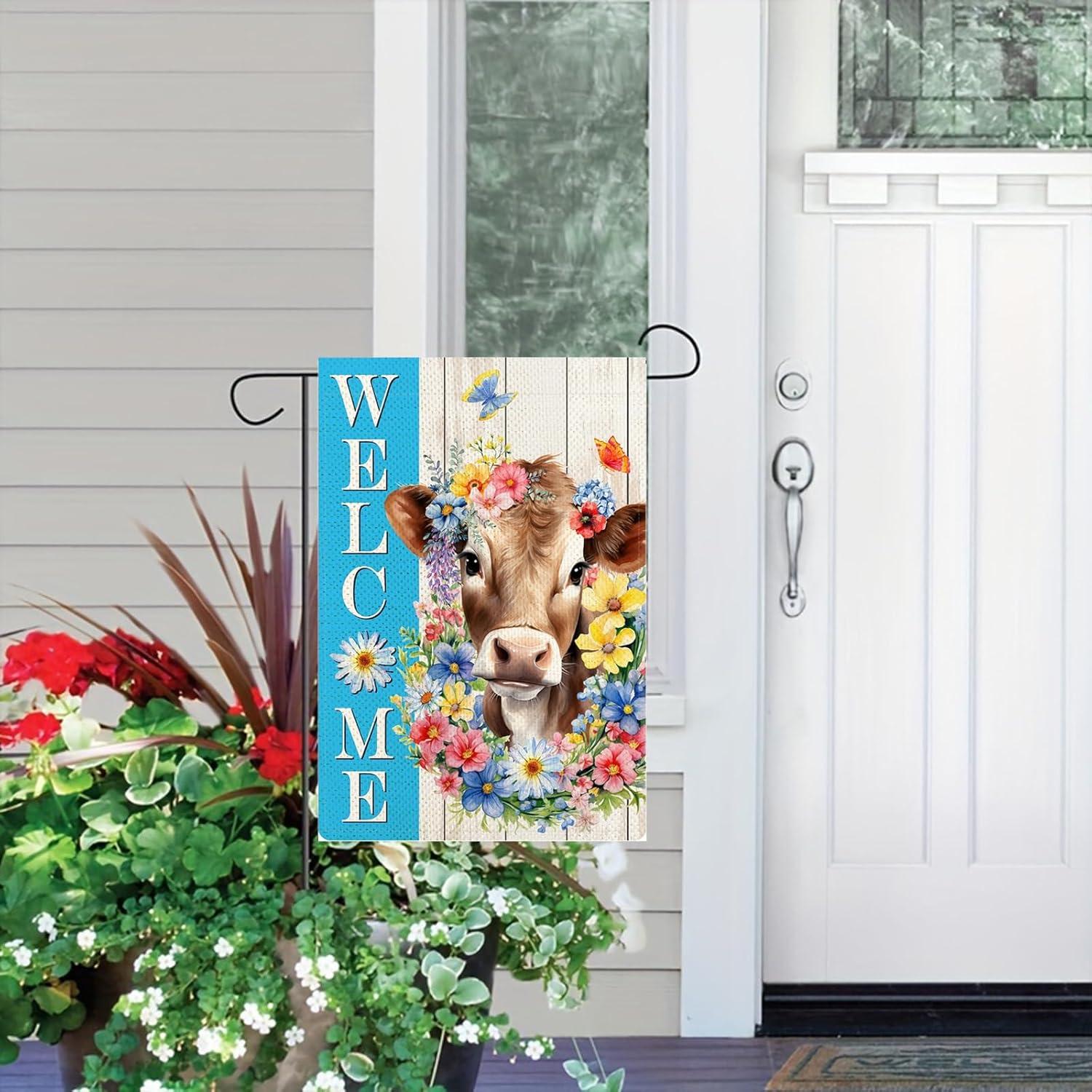 Spring Welcome Cow Garden Flag 12 x 18 inch Double Sided Outside decorations,Funny Cute Animal Flower Butterfly Small Garden Flags For Outdoor Yard Lawn