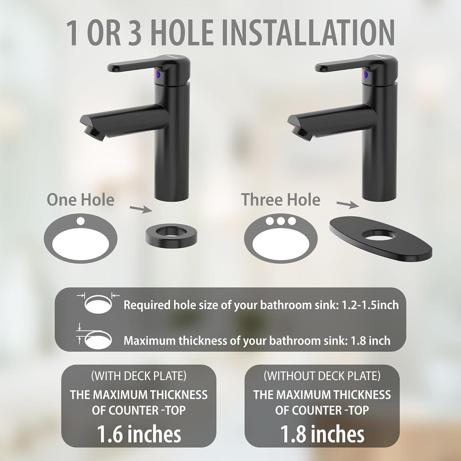 Bathroom Sink Faucet One Hole,Lavatory Tap for Basin,Matte Black Bathroom Sink Faucet with Metal Pop Up Drain Assembly， Bathroom Faucet 1 Hole with 3 Hole Deck Plate