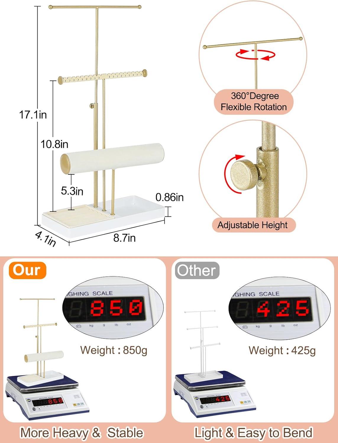Jenseits Jewelry Organizer Stand Necklace Holder Organizer, 3-Tier Earrings Organizer w/Bracelet Storage Display & Velvet Ring Tray, Cute Metal Aesthetic Jewelry Tower Rack for Women Girls - Gold C47
