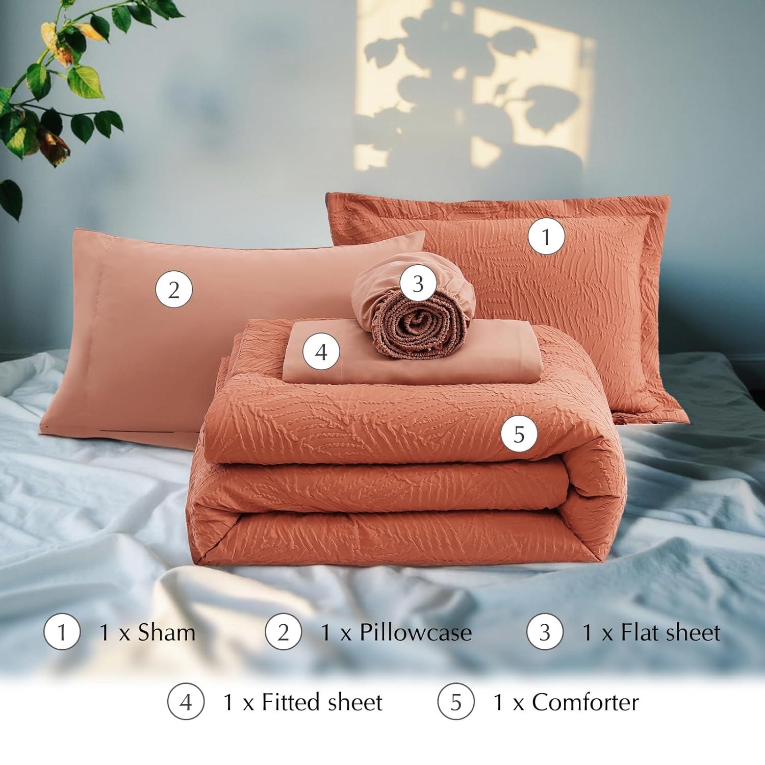 Geniospin Twin Comforter Set - 5 Pieces Burnt Orange Bedding Set, Botanical Textured Fall Comforter Set, All Season Lightweight Bed in a Bag with Comforter, Sheets, Pillowcases & Shams