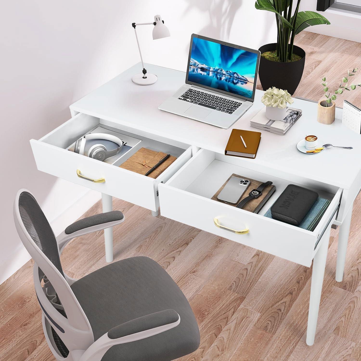Small White Desk with 2 Drawers, Modern Writing Desk for Small Spaces, Home Office Desk for Study, Laptop Computer Desk for Work, Makeup Vanity Table for Bedroom (White)