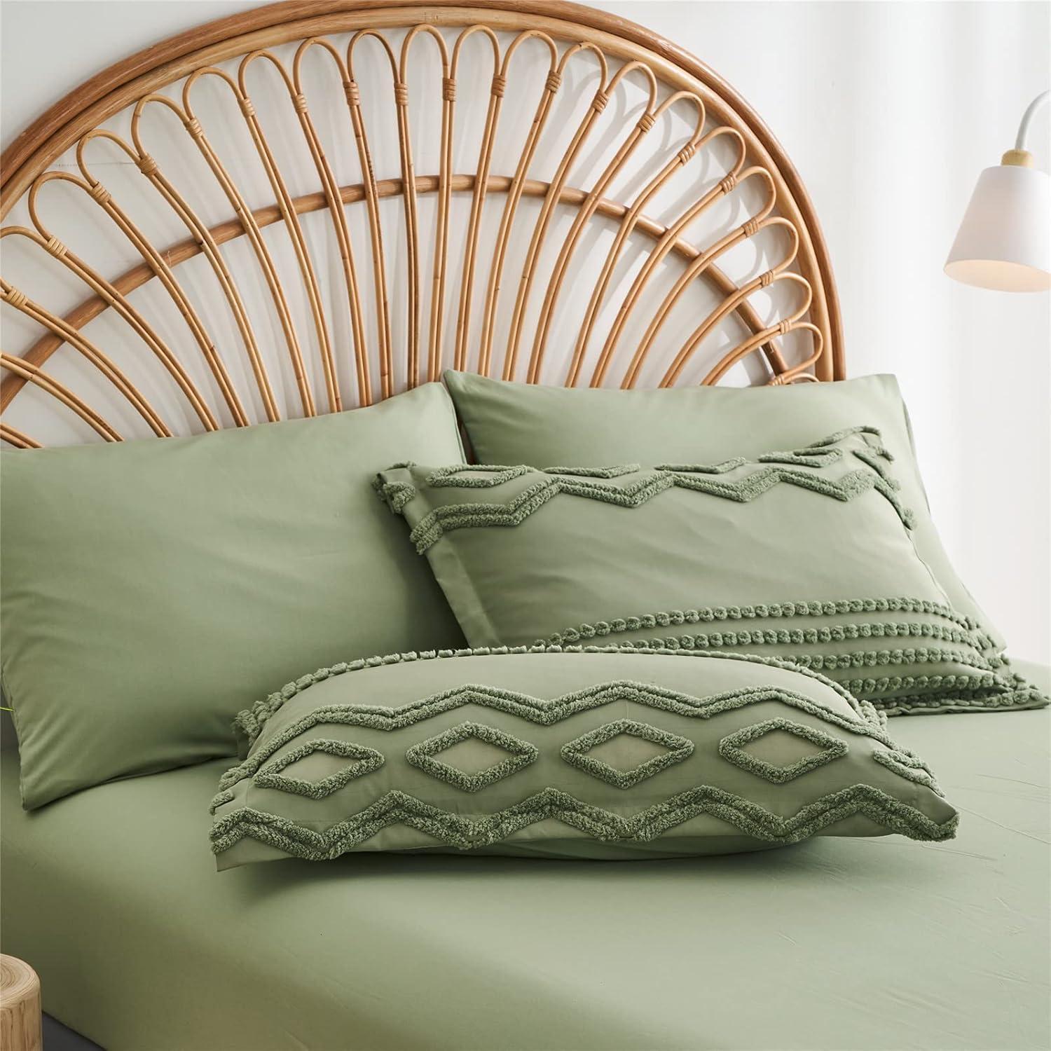 Sage Green Microfiber King Boho Comforter Set with Pom-Pom Accents