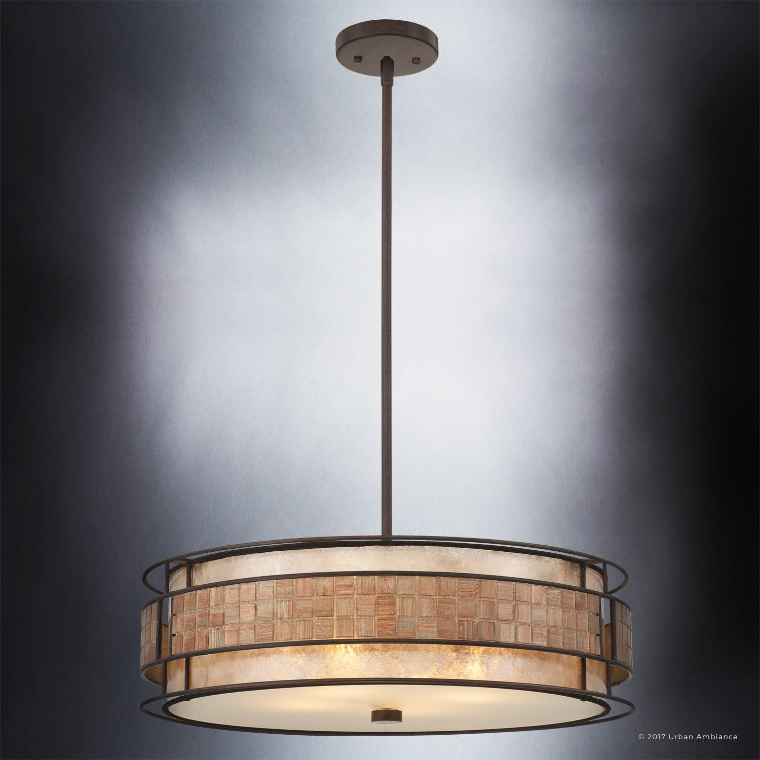 Urban Ambiance Luxury Art Deco Chandelier, Medium Size: 5.5"H x 22"W, with Moroccan Style Elements, Copper Revival Finish and Oyster Mica Inner Shade, Mosaic Tile Outer Shade, UQL2430