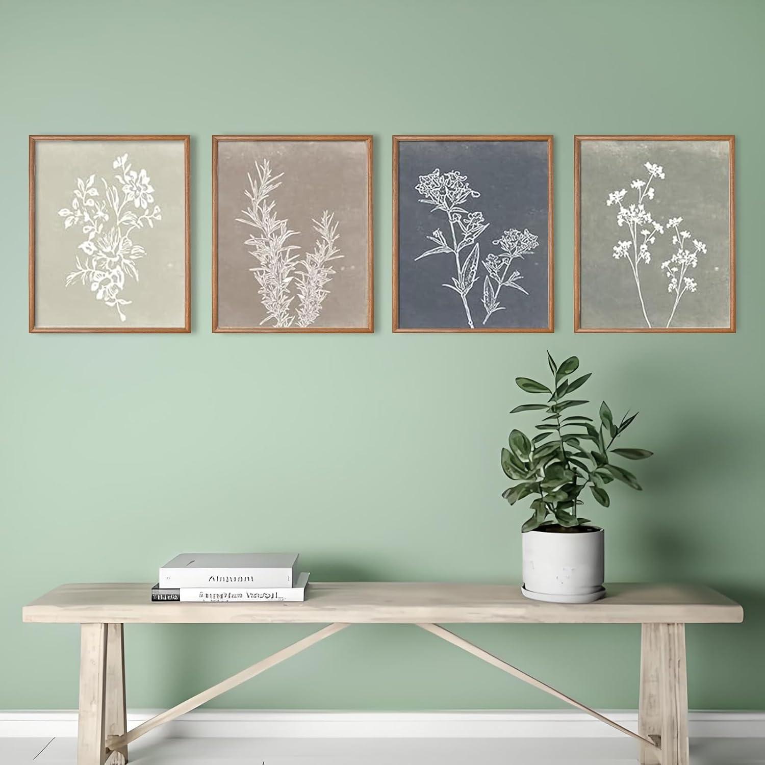 Framed Boho Wall Art Set of 4 for Wooded Minimalist Botanical Print Wall Art for Rustic Vintage Farmhouse Home Kitchen Wall Decor (Brown, 11x14)S301