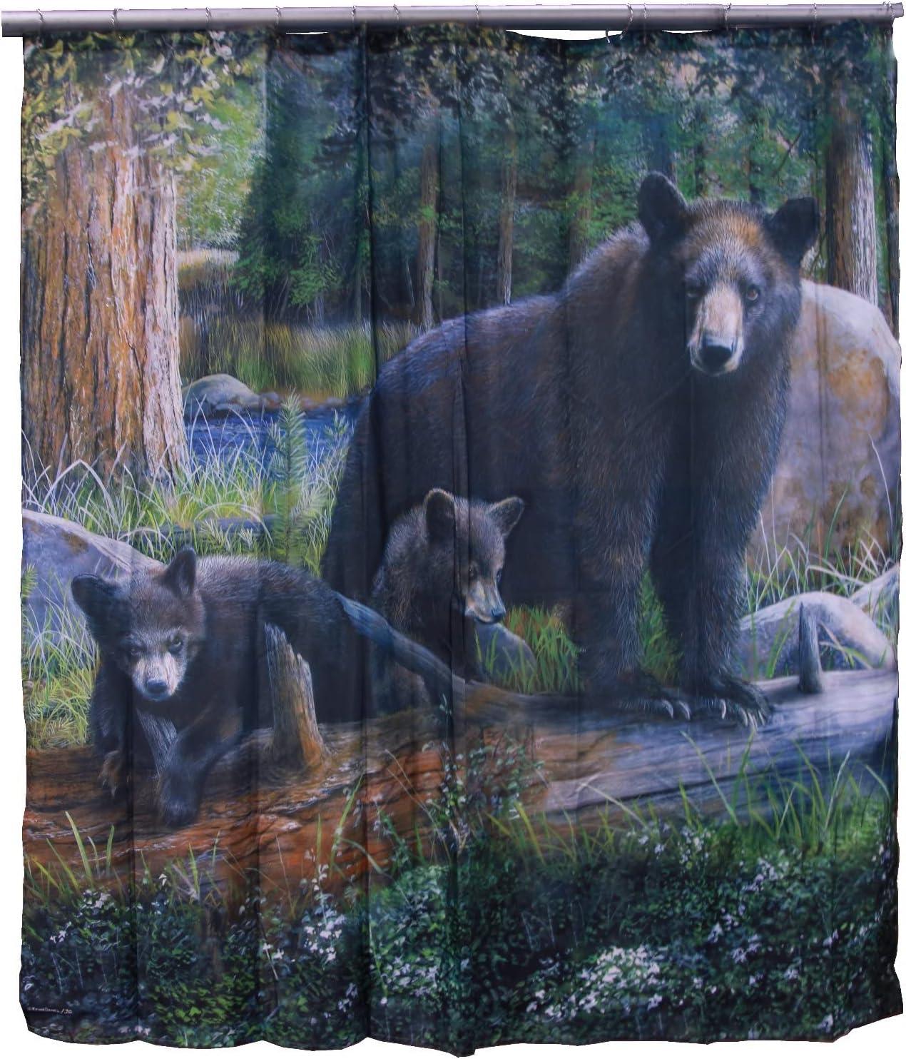 De Leon Collections Backwoods Black Bear Family Scenic Woodland Forest Lodge Cabin Decorative 72" Shower Curtain