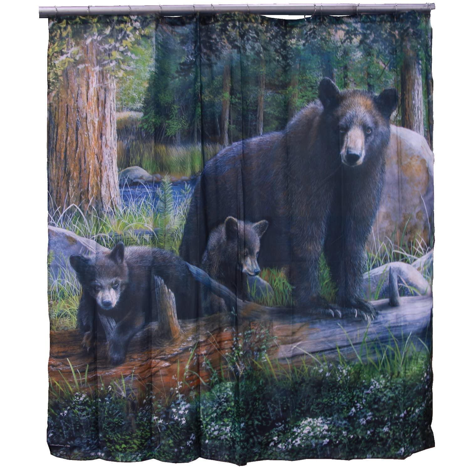 De Leon Collections Backwoods Black Bear Family Scenic Woodland Forest Lodge Cabin Decorative 72" Shower Curtain