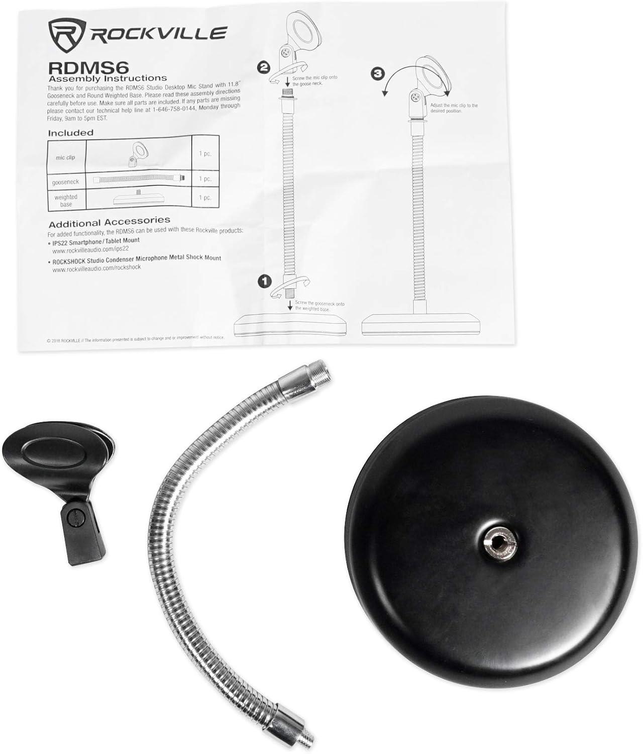 Rockville RDMS6 Studio Desktop Mic Stand w 11.8" Gooseneck+Round Weighted Base