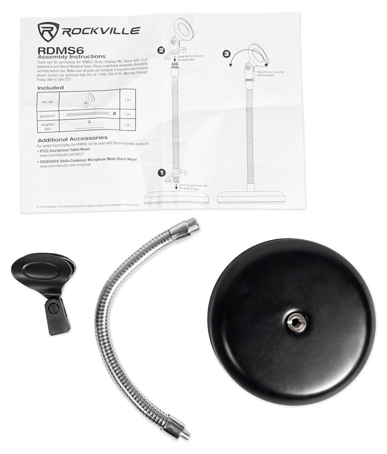 Rockville RDMS6 Studio Desktop Mic Stand w 11.8" Gooseneck+Round Weighted Base