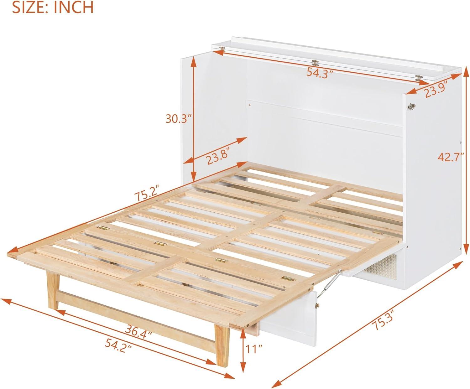 White Full Size Murphy Bed with Storage Drawers and Rattan Accents