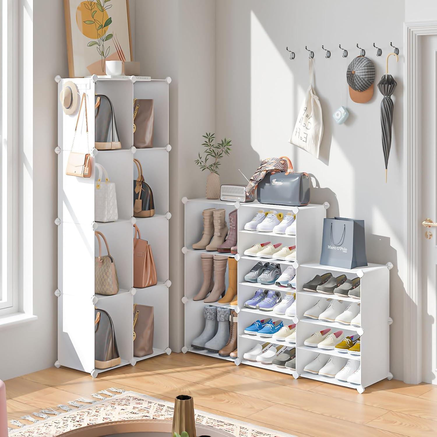 Shoe Rack, 8 Tier Shoe Storage Cabinet with Door, 32 Pair Shoe Organizer Shelves for Closet Hallway Bedroom Entryway, White