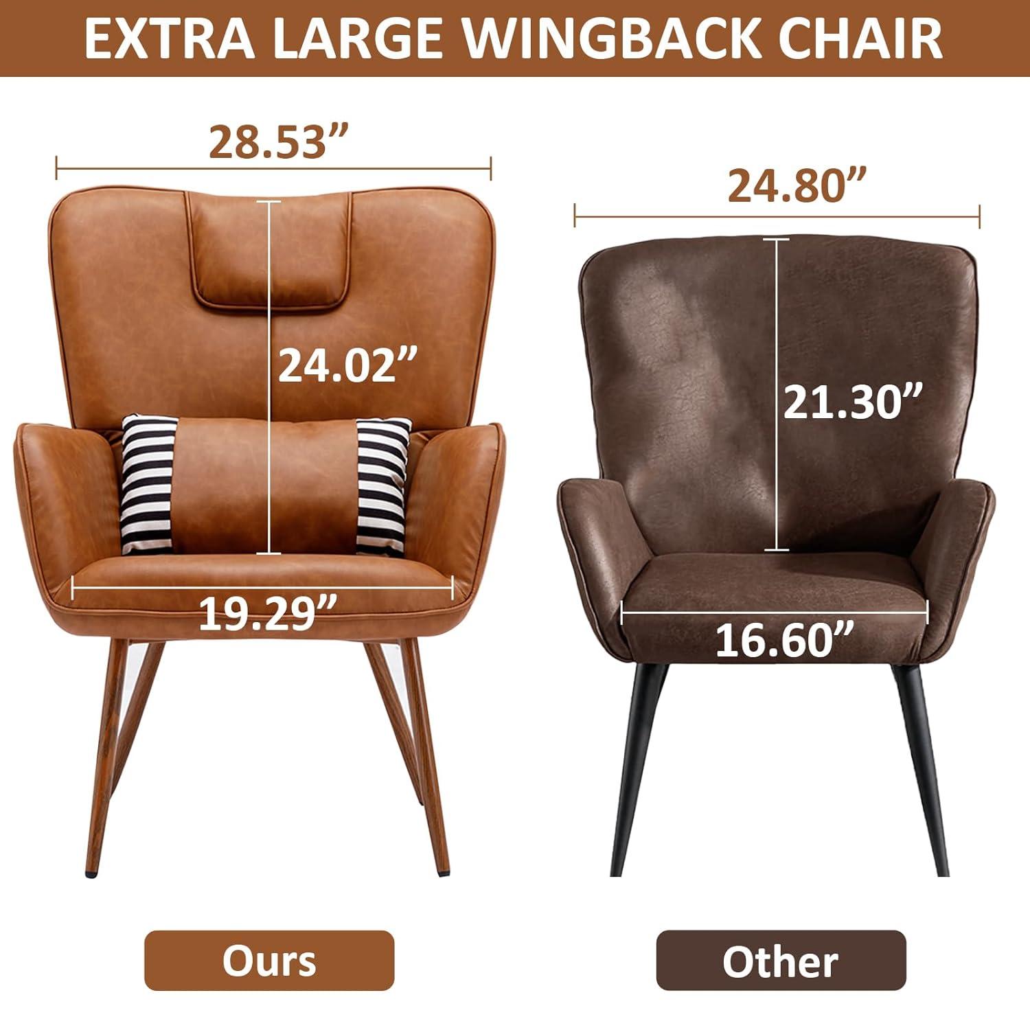 Faux Leather Wingback Chair, Arm Chair, Upholstered Living Room Chairs, Brown Accent Chair, Accent Chairs for Living Room, Bedroom, Office and Study