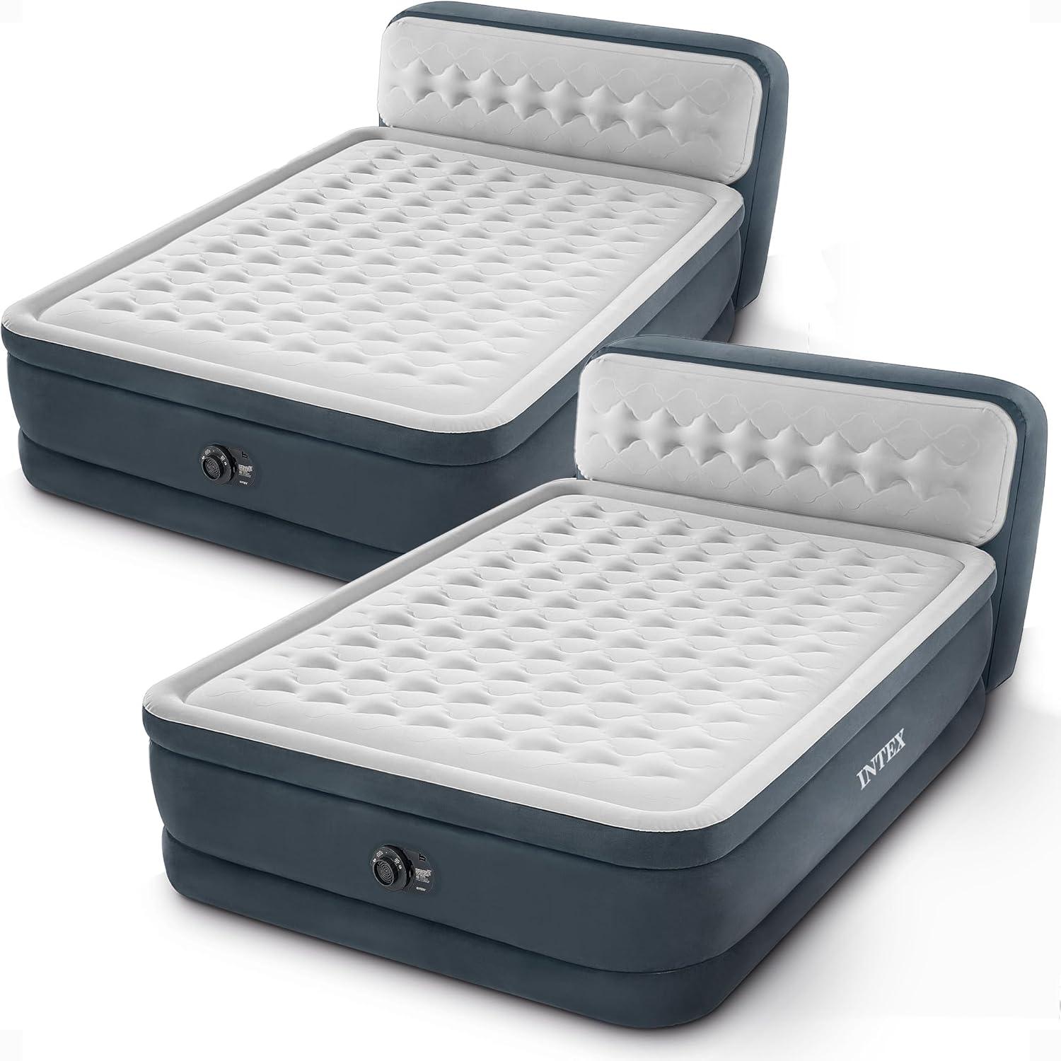 Intex Dura-Beam 18-Inch Deluxe Queen Sized Air Mattress Comforting Bed with Built-In Electric Pump and Ultra Plush Supportive Headboard (2 Pack)