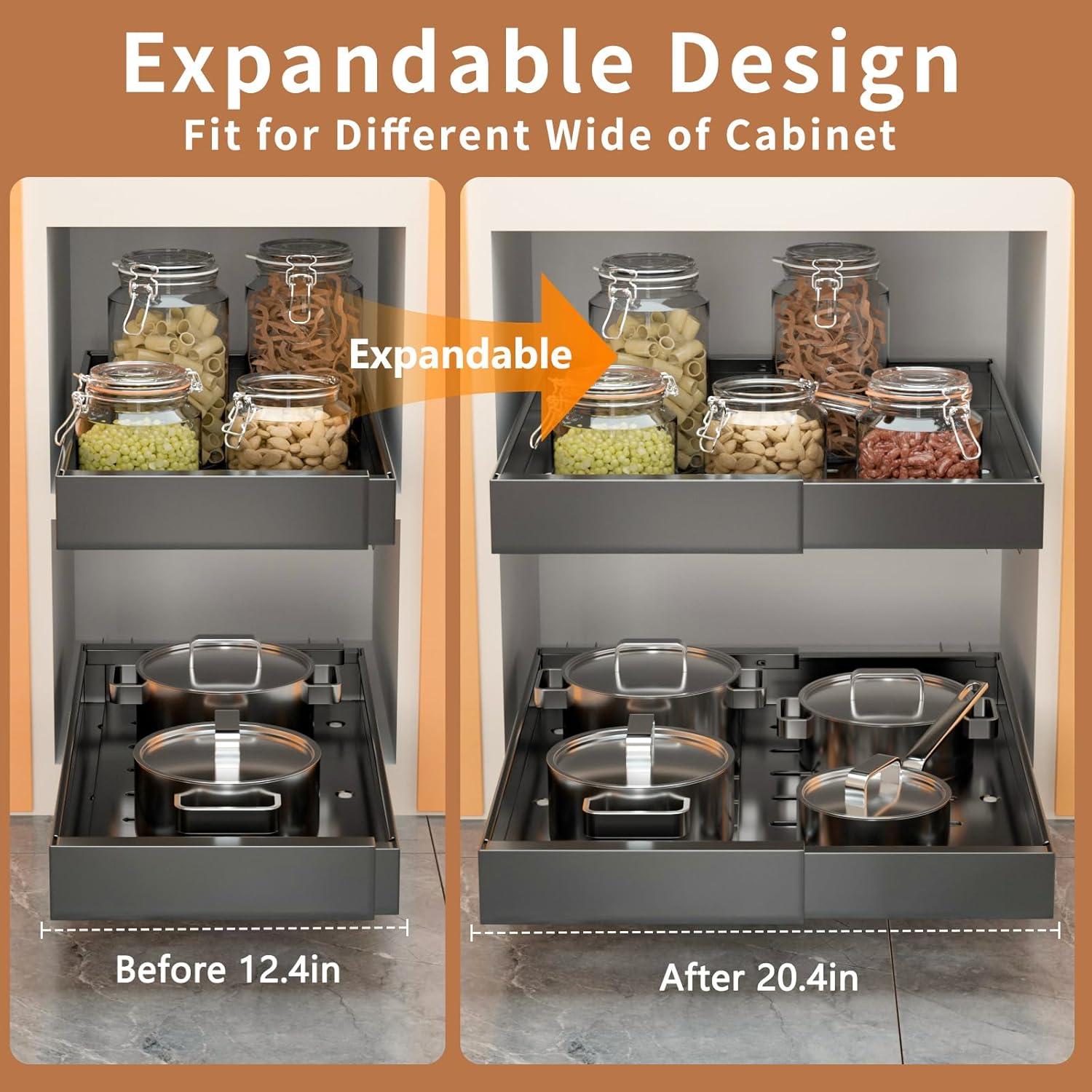 Pull Out Cabinet Organizer 2 pack,Expandable (12.6"-20.4") Pull Out Drawers for Cabinets, Slide Out Cabinet Organizers with Adhesive Nano Film for Kitchen Cabinet Organization