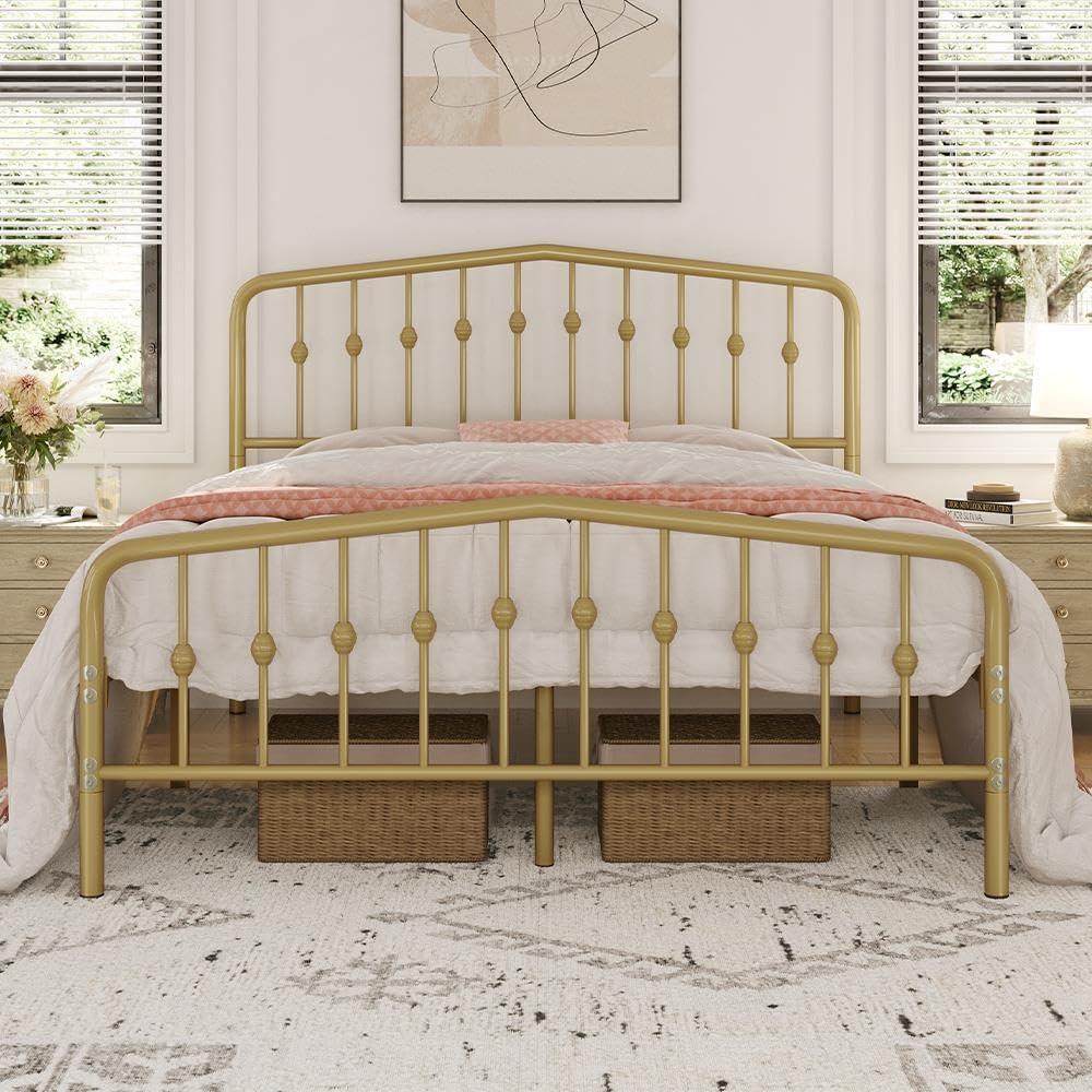 Antique Gold Queen Metal Platform Bed with Arched Headboard