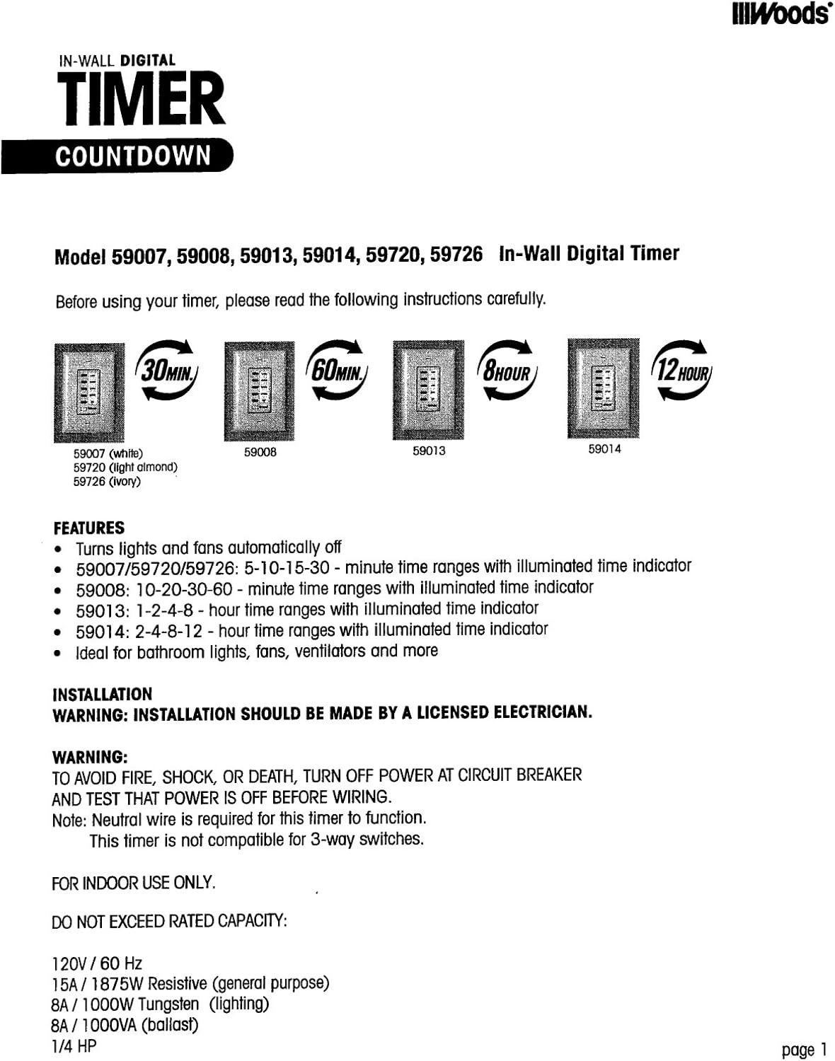 Woods 59014 In-Wall Switch Electronic Timer, 12 Hour, White