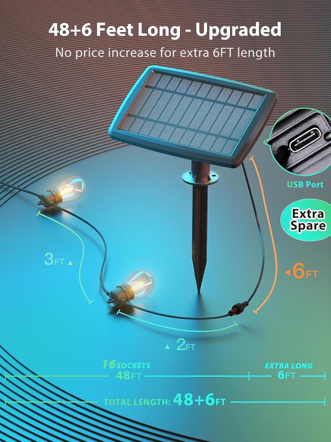 54FT Solar Powered Outdoor LED String Lights with Remote Control