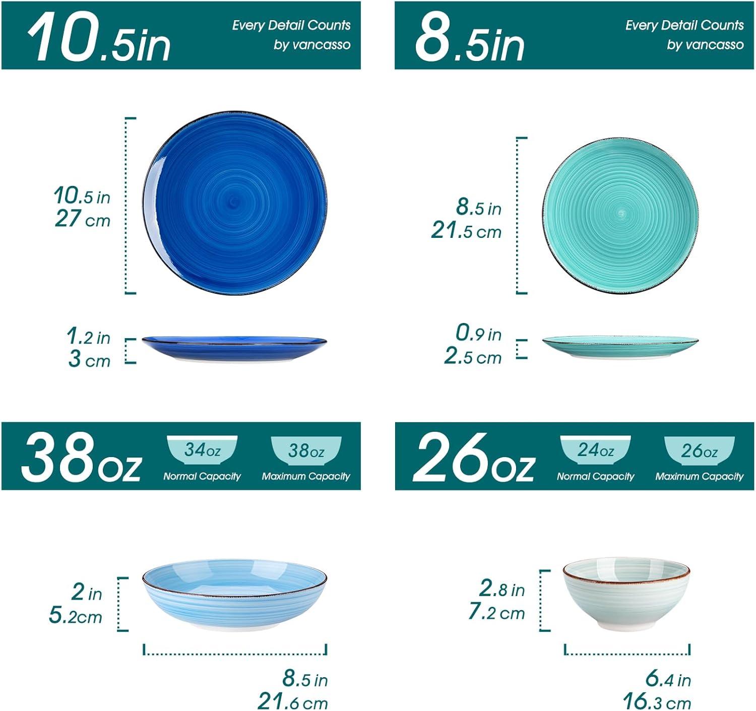 vancasso Bonita Dinnerware Set Blue Stoneware 24 Pieces Service for 6, Handpainted Spirals Pattern Stoneware Combination Set