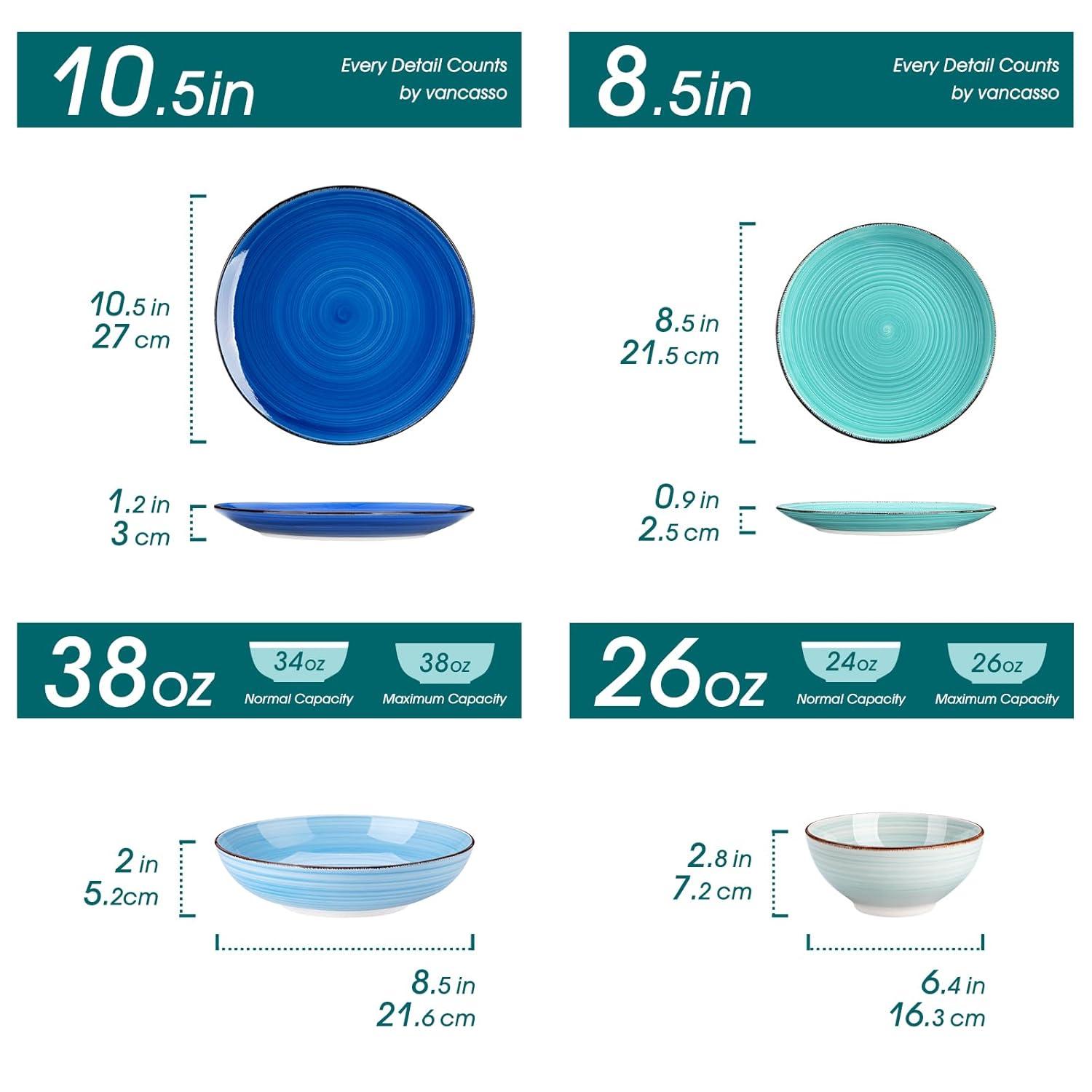vancasso Bonita Dinnerware Set Blue Stoneware 12 Pieces Service for 4, Handpainted Spirals Pattern Stoneware Plates and Bowls Set