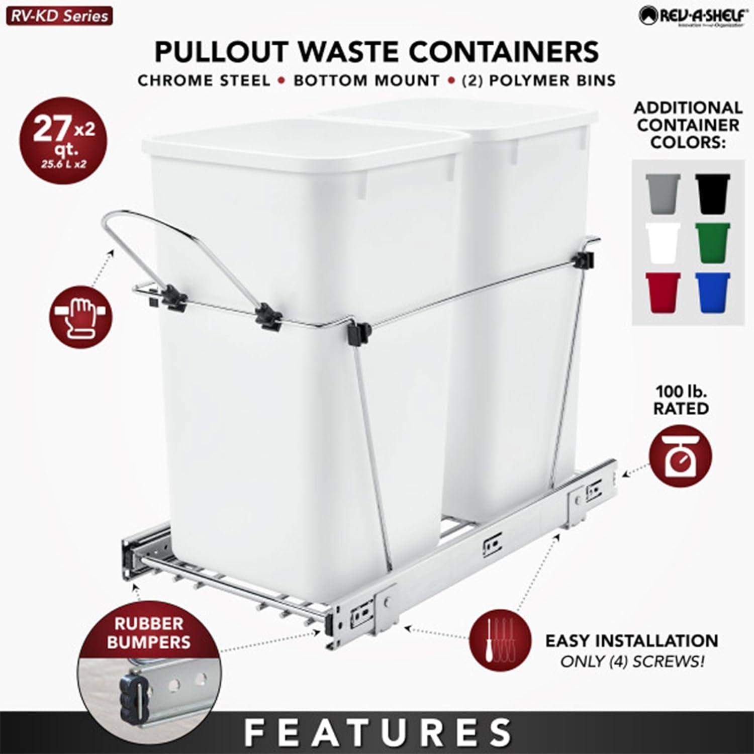 Rev-A-Shelf RV-15KD Series Double 27 Quart Sliding Pull-Out Waste Container for Base Kitchen Cabinet