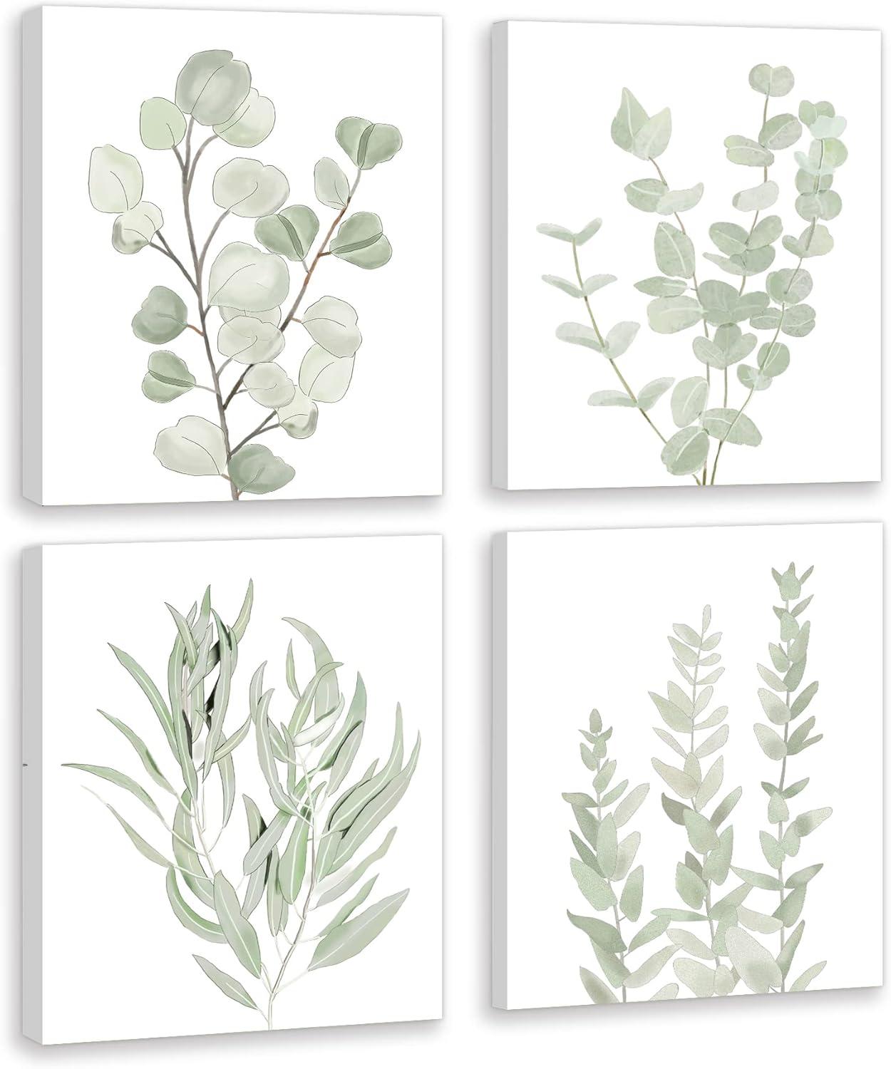 Drsoum Botanical Eucalyptus Light Green Boho Plant Canvas Framed Wall Art Decor 8"x 10" Set of 4