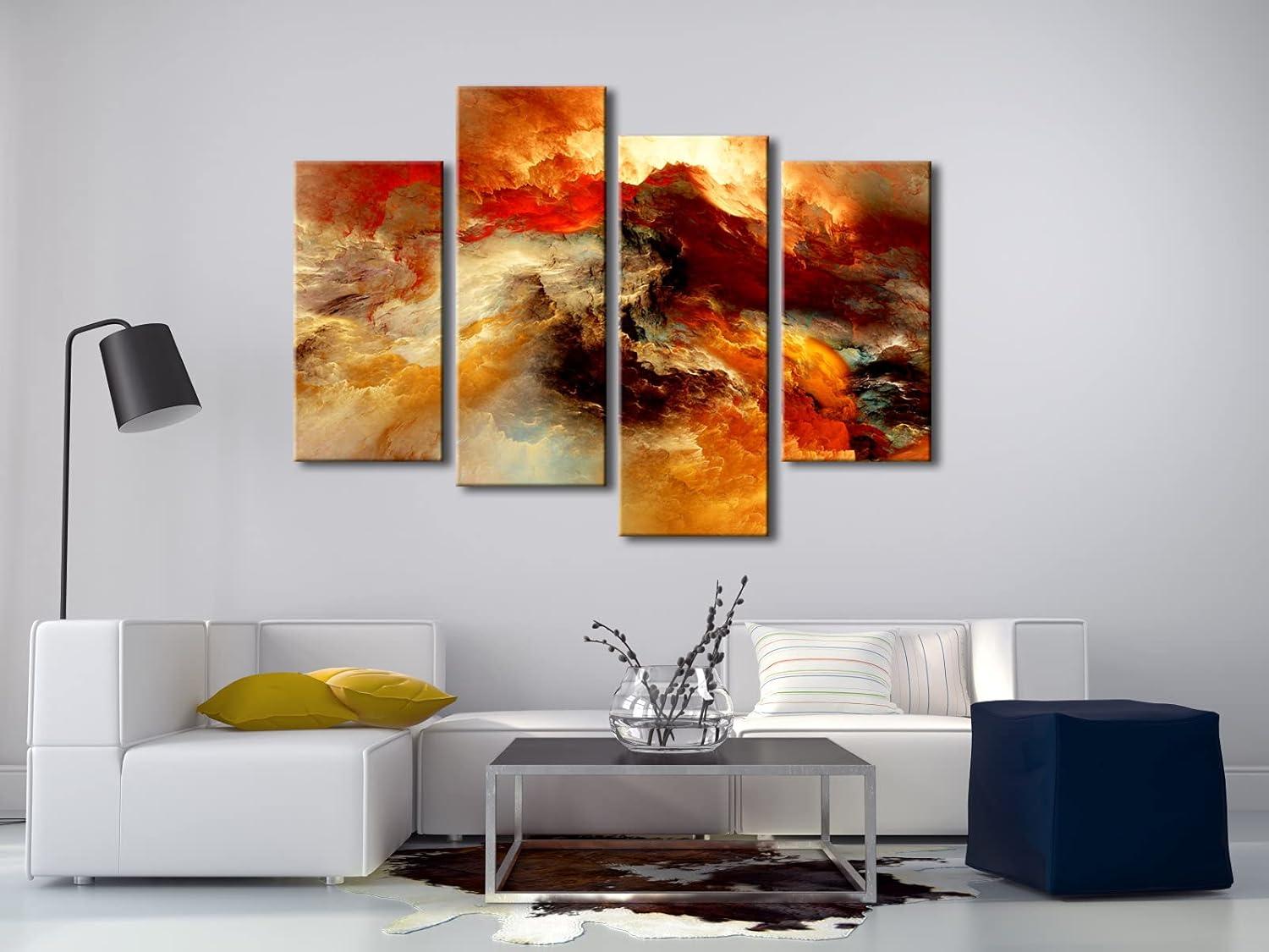 Pyradecor Large Canvas Prints Wall Art Colorful Clouds Landscape Pictures Paintings for Living Room Bedroom Home Decorations 4 Piece Modern Orange Abstract Stretched Artwork