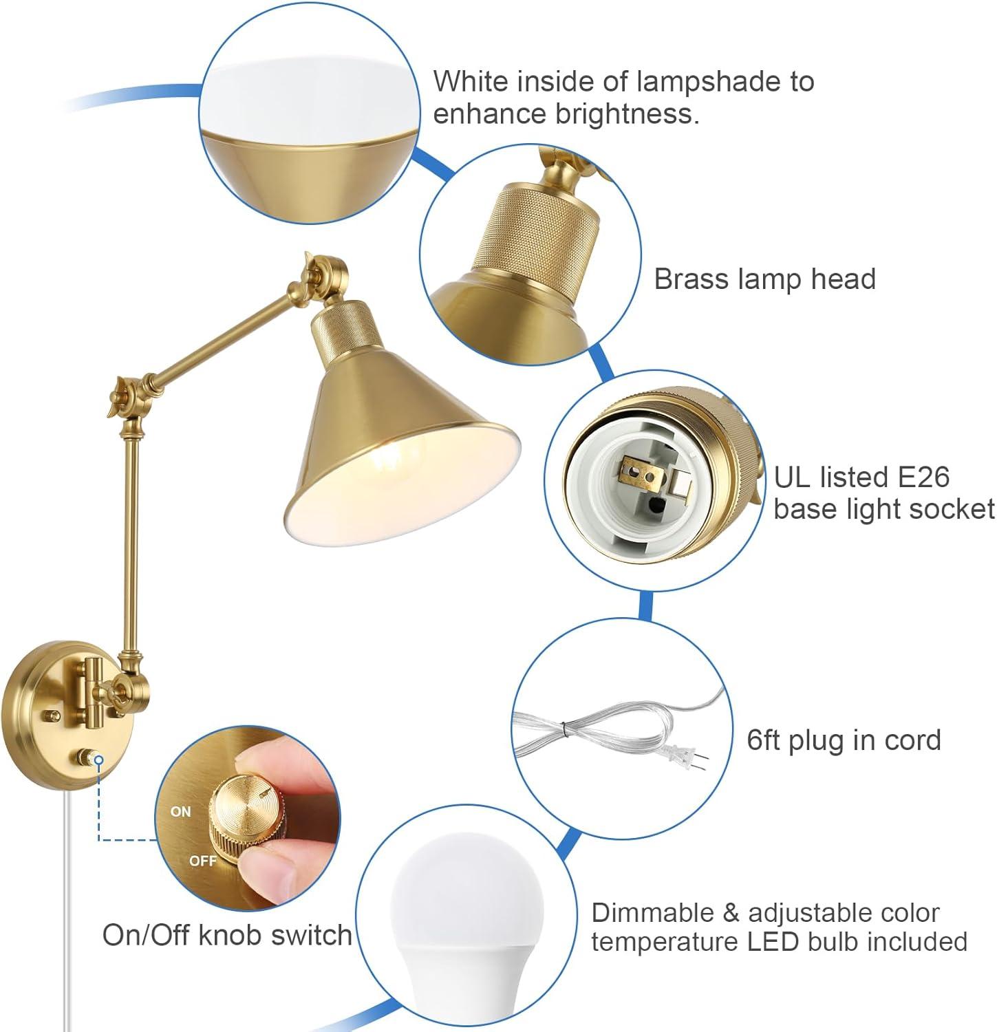 TRLIFE Wall Sconce Plug In, Dimmable Wall Sconce Brushed Brass Swing Arm Wall Lights with Plug in Cord and Dimmer On/Off Knob Switch, Wall Mounted Light for Bedside Bedroom Stairway (1 Pack, 1 Bulb)