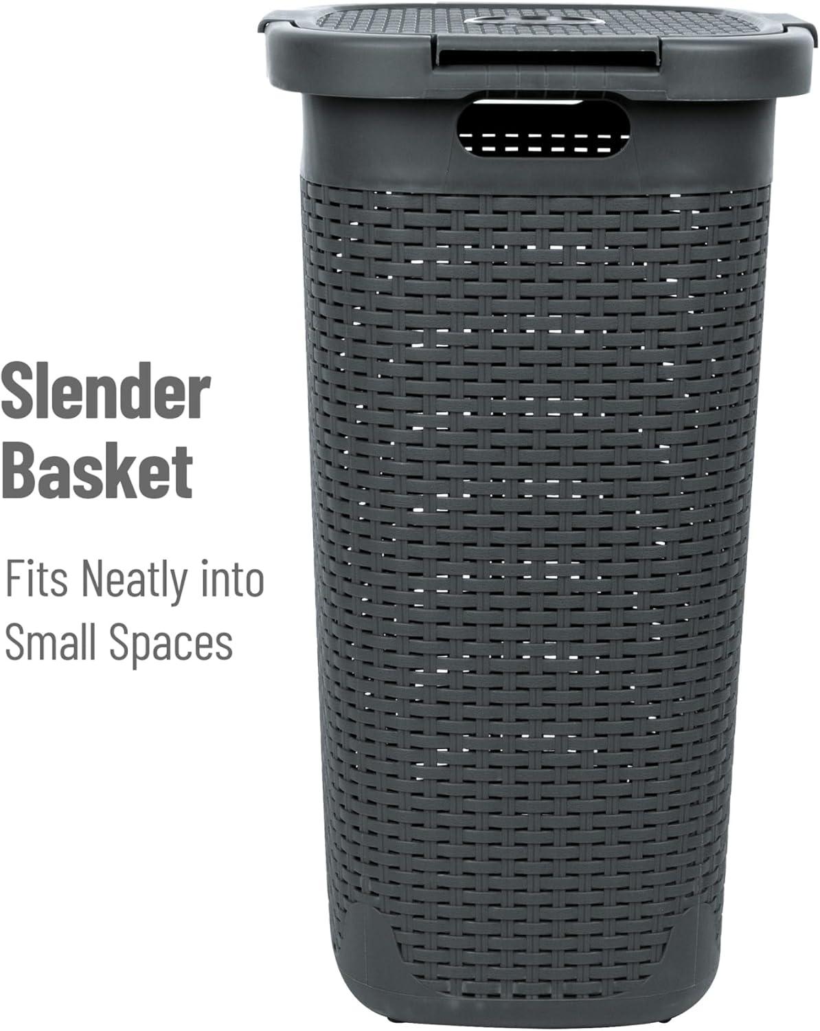 Mind Reader Mind Reader 60L Slim Laundry Hamper, Clothes Basket, Lid, Wicker Style, Plastic