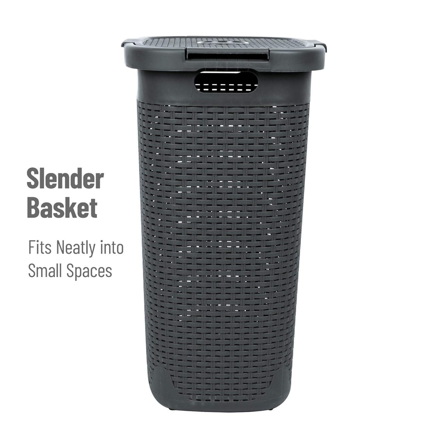 Mind Reader Mind Reader 60L Slim Laundry Hamper, Clothes Basket, Lid, Wicker Style, Plastic