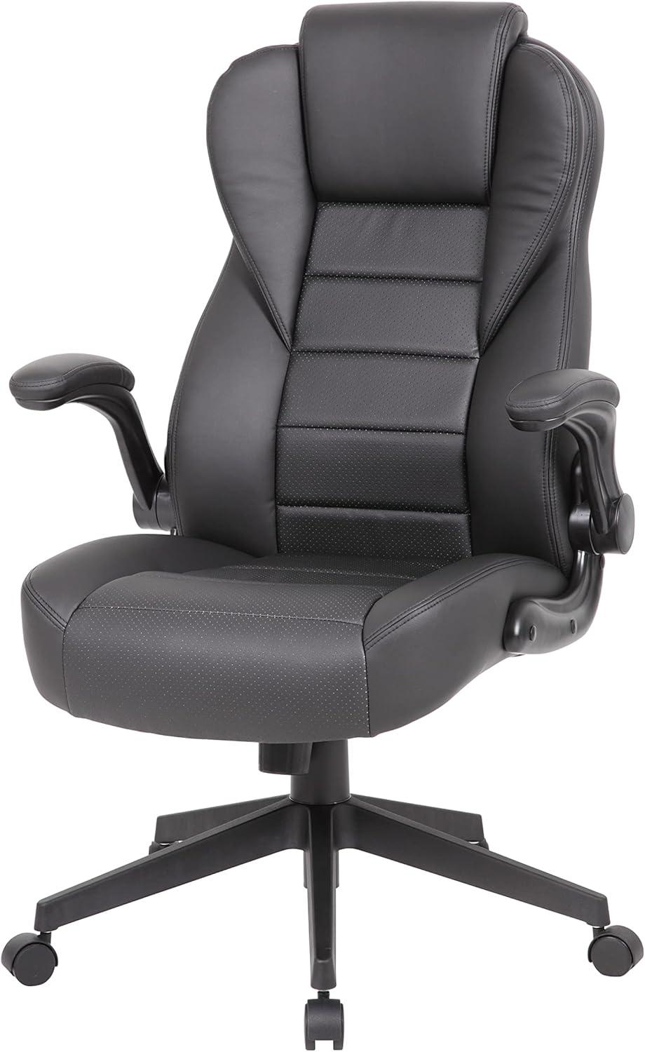 Executive High Back Leatherplus Flip Armchair Black - Boss Office Products: Ergonomic, Swivel, Lumbar Support, Adjustable Height