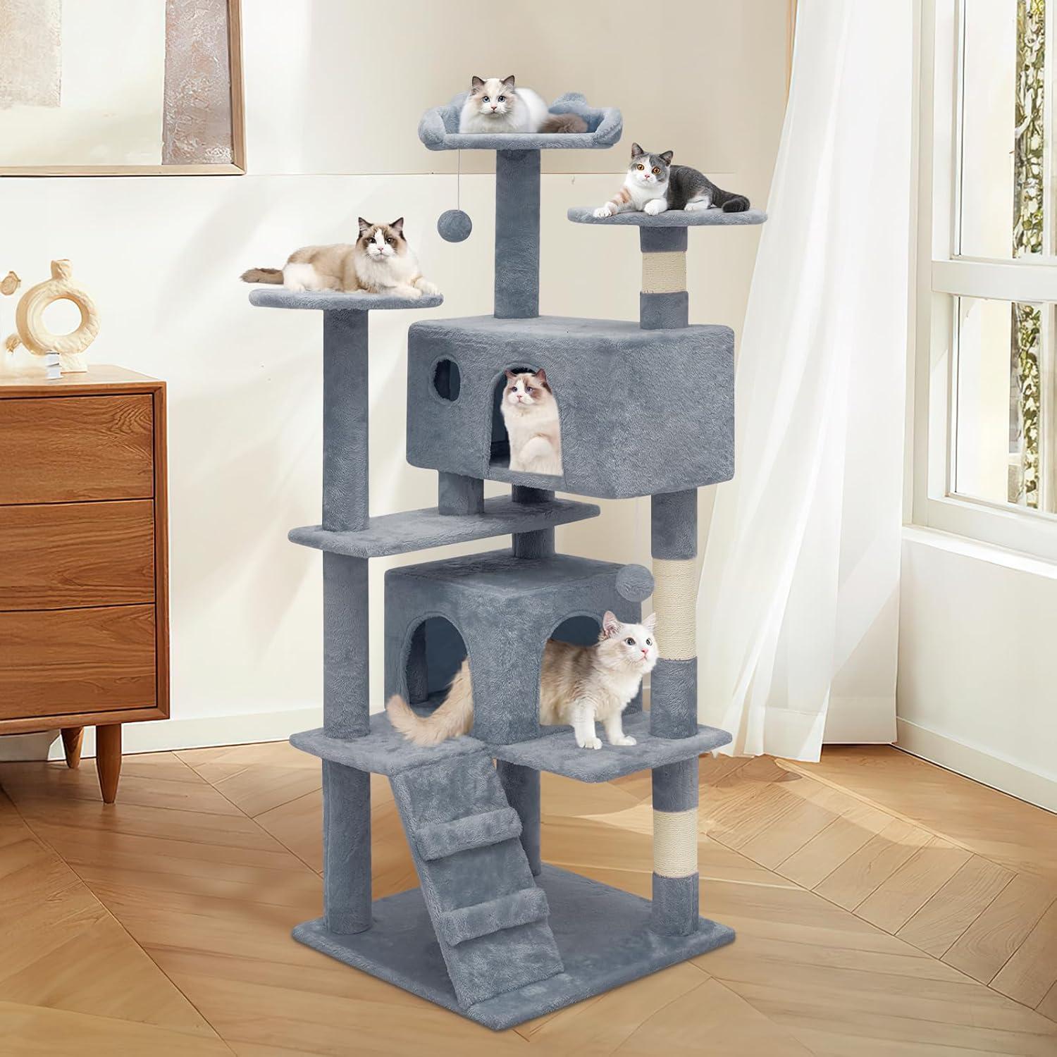 MoNiBloom 54.5" Multi-Level Cat Tree Condo Cat Tower with Scratching Posts & Plush Perch, Light Gray