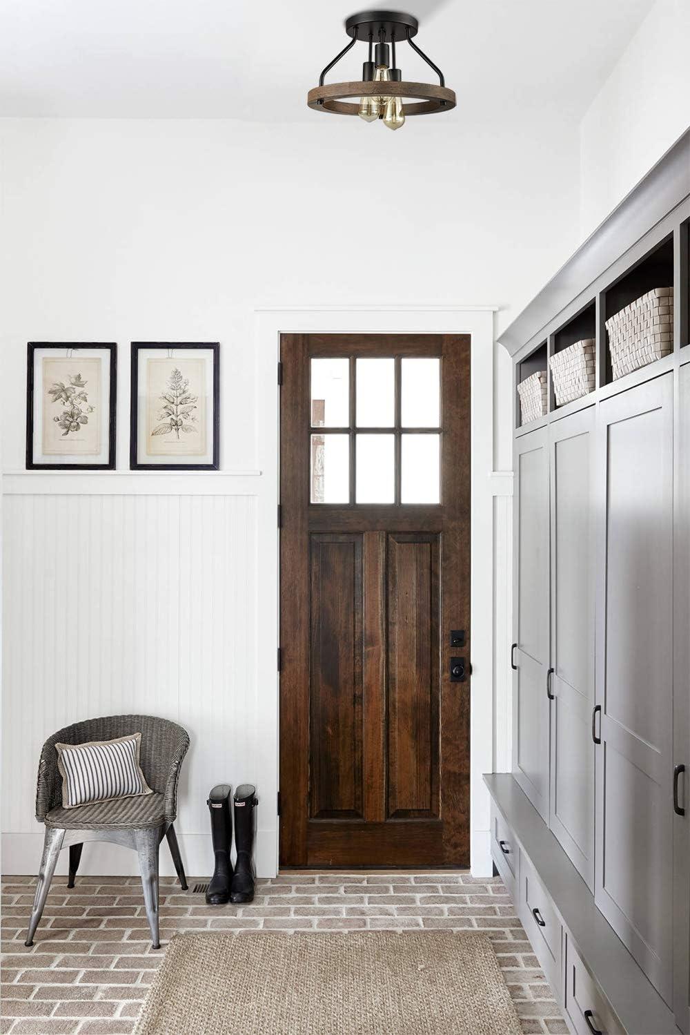 Farmhouse Flush Mount Ceiling Light Black Metal Lighting with Wood Grain Finish