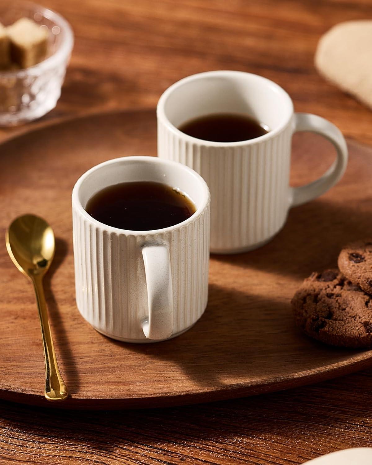 FAST APPLIANCES LLC Espresso Cups And Saucers Set Of 4, [ Mini ] 3 Oz Ceramic Small Coffee Mug With Handle, Ribbed Stoneware Demitasse Cup For Tea, Latte - Microwave & Dishwasher Safe - Matte White