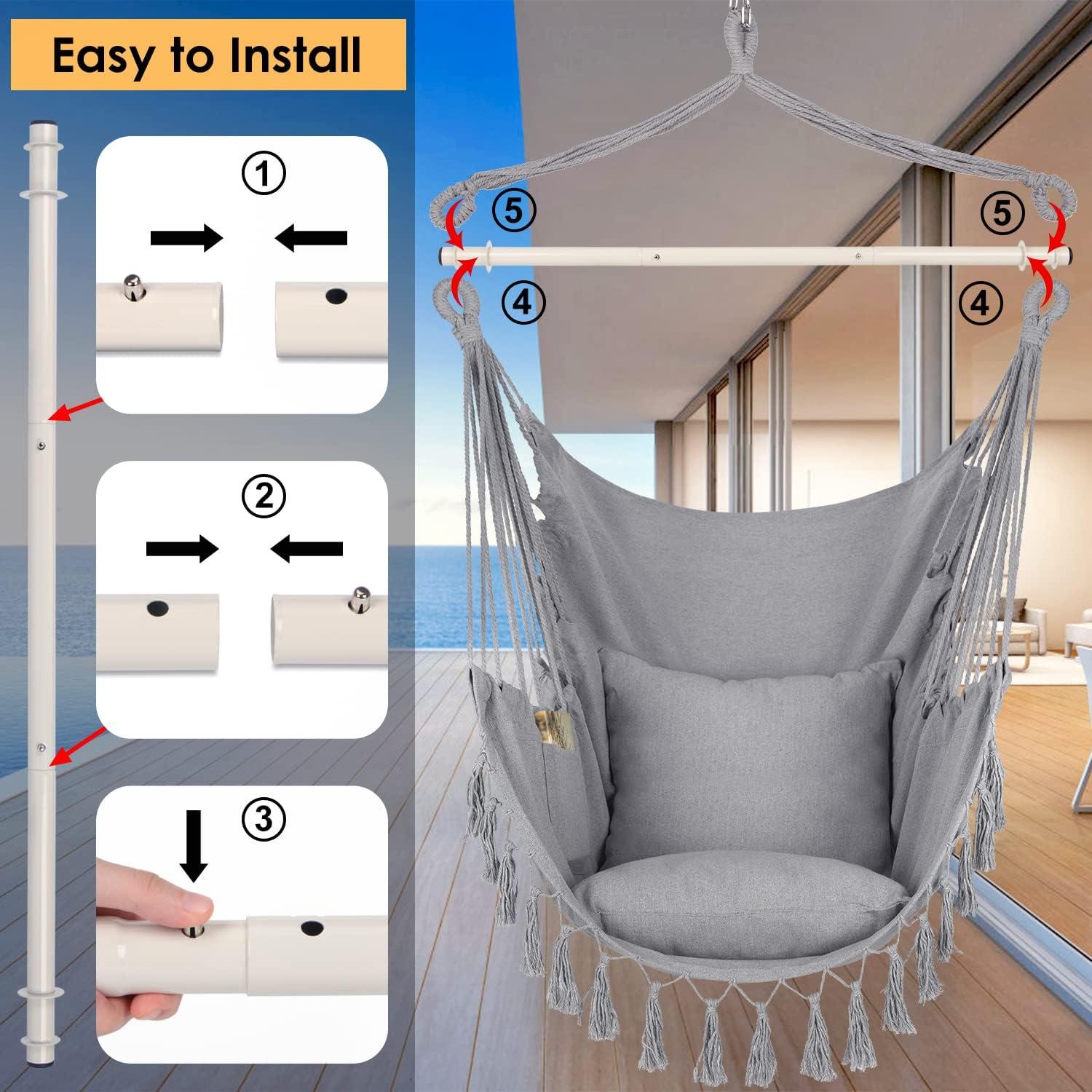 Light Gray Cotton Hanging Chair with Cushions and Pocket